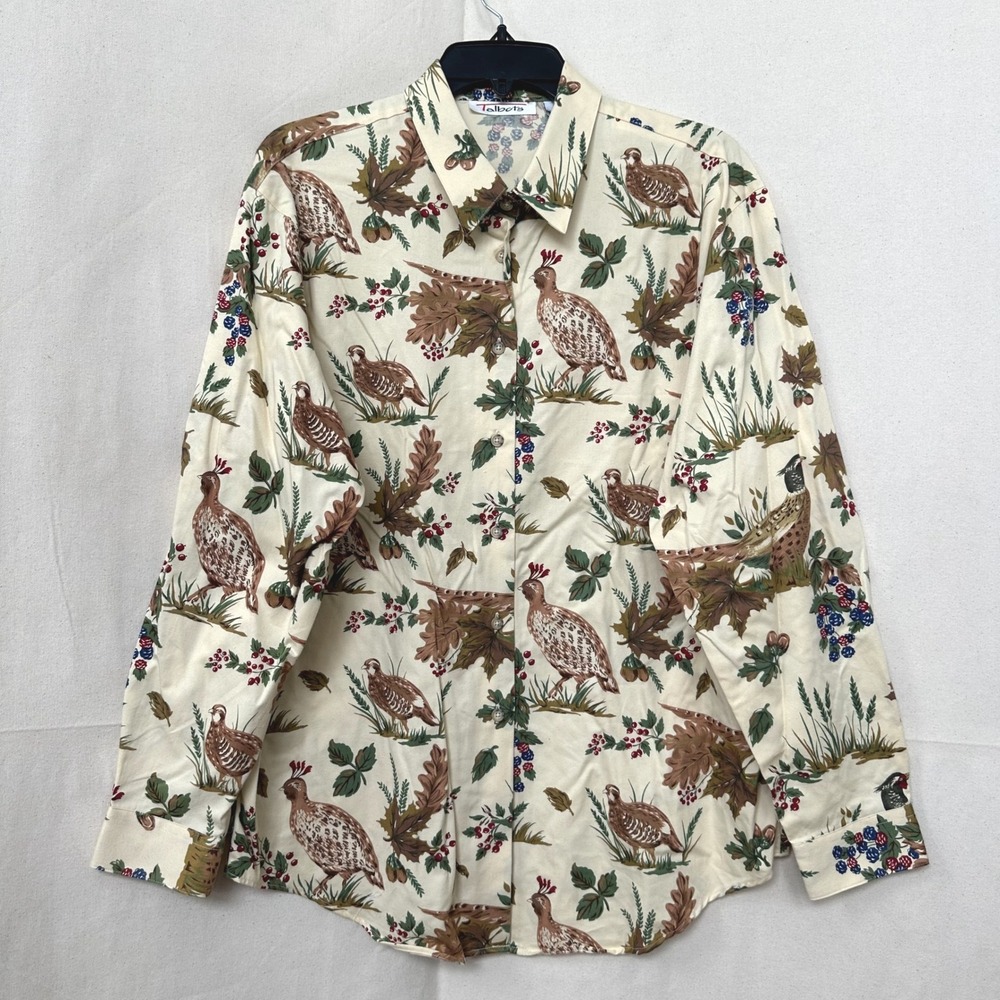 NOS Talbots Cottagecore Cotton Button Down Shirt Pheasant Quail Birds Cream‎ L